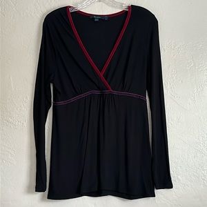 Boden velvet trim, empire waist, stretch, knit V neck top